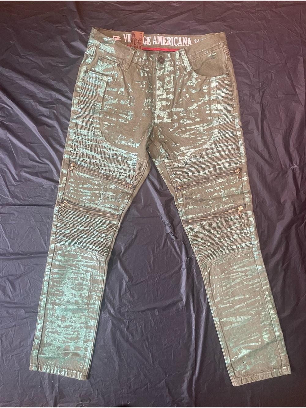 Vintage America Olive Canvas Jeans with Mint Paint Splotches